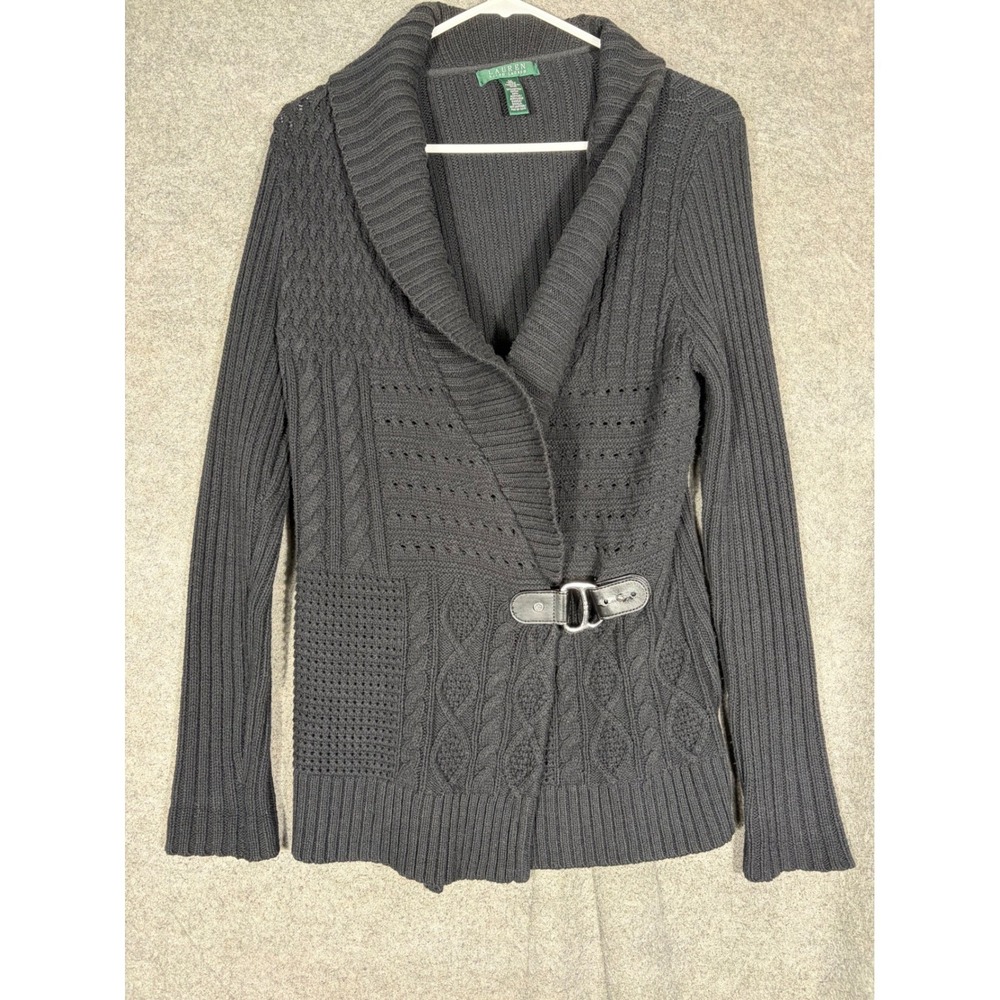 Lauren Ralph Lauren Mixed Cable Knit Shawl Cardigan Buckle Gray Black Womens M